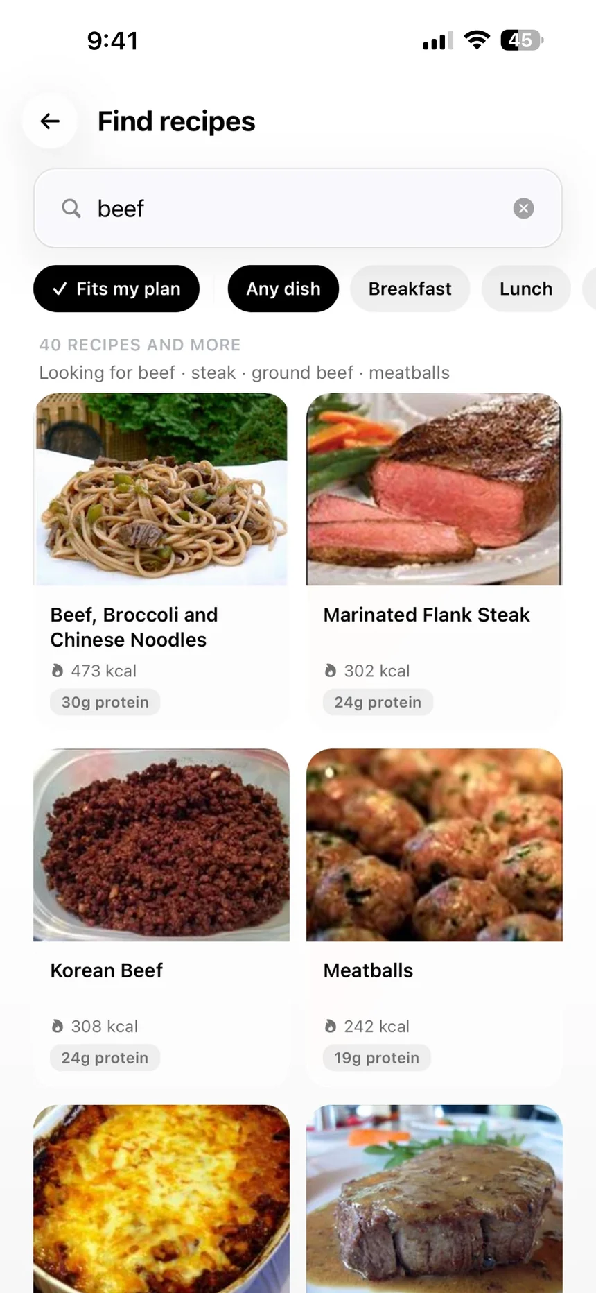 Find recipes: a search for beef with Fits my plan turned on, showing recipes with calories and protein