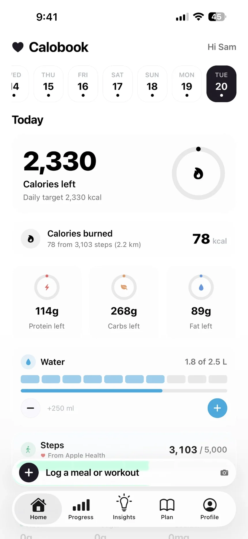 Calobook home screen: 2,330 calories left of a 2,330 kcal daily target, with protein, carbs and fat left, water, and steps from Apple Health