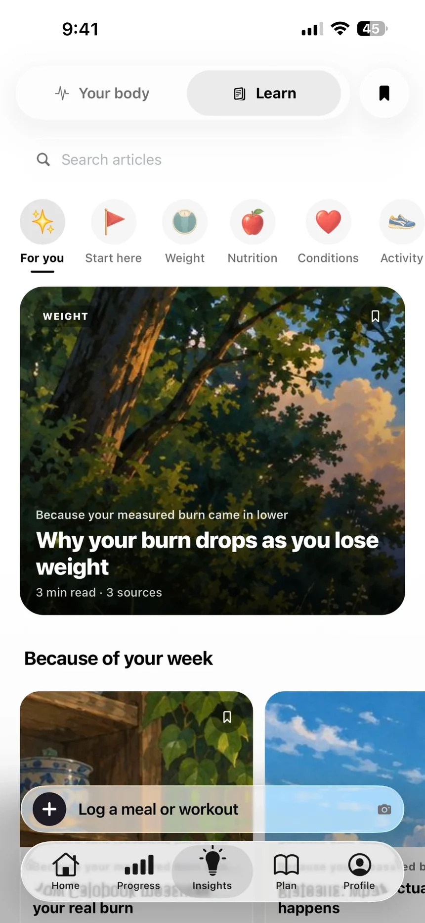 Insights, Learn: short articles by topic, led by Why your burn drops as you lose weight, picked because of your week