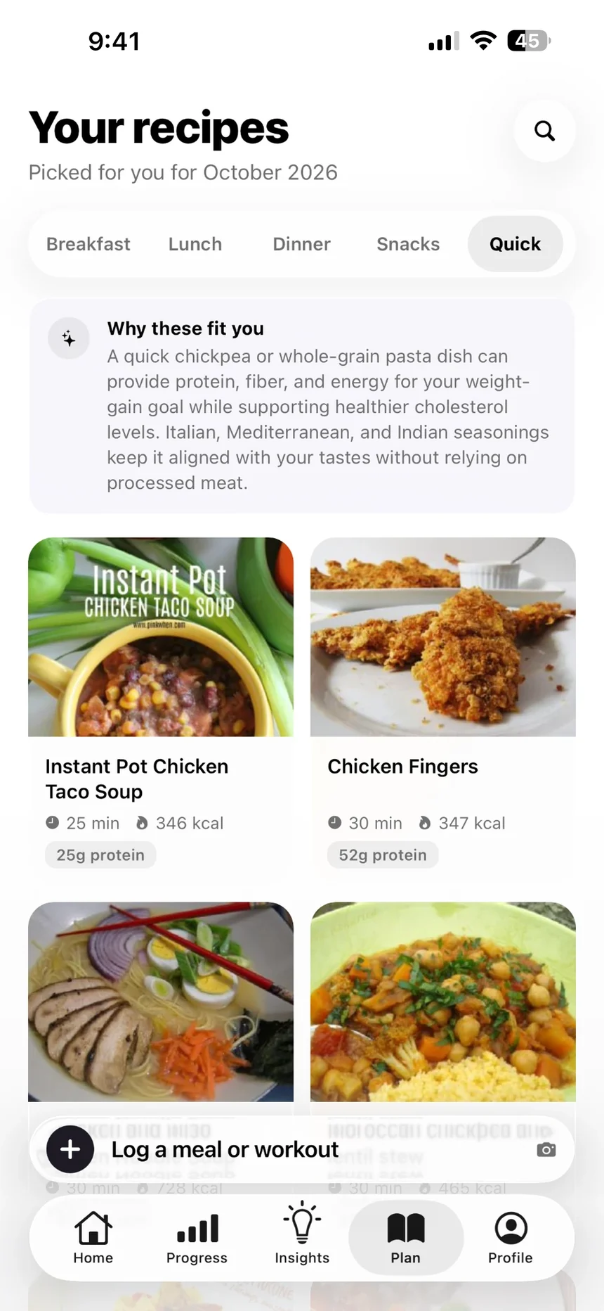 Your recipes: quick recipes picked for October 2026, each with minutes, calories and protein