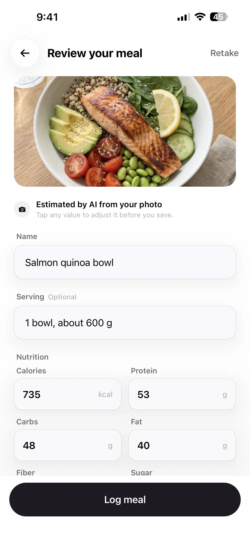 Review your meal: a salmon quinoa bowl estimated by AI at 735 kcal, 53 g protein, 48 g carbs and 40 g fat